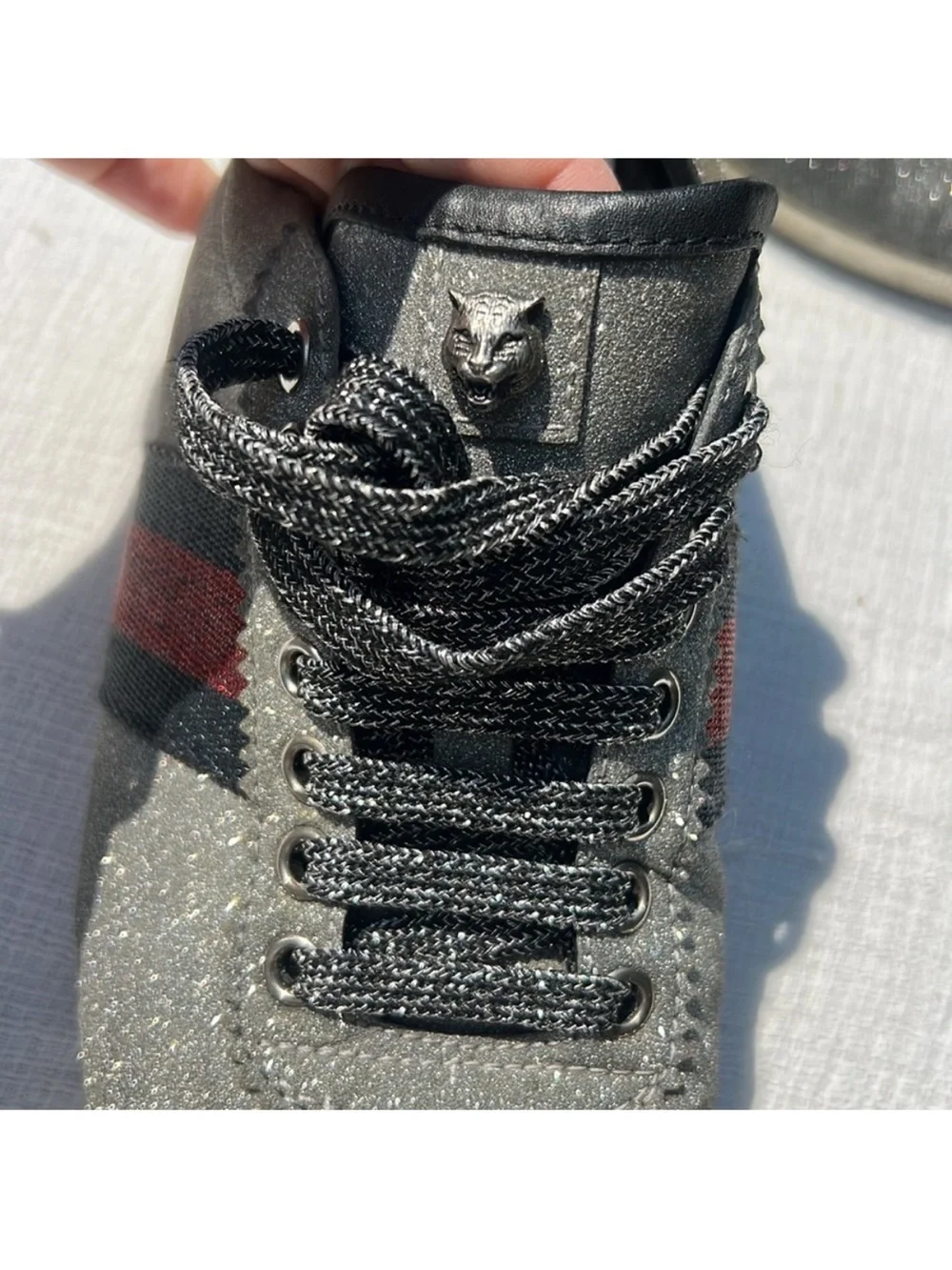 $895 Gucci Metallic Silver Glitter Bambi Web Detail Studded Low Top Sneakers 9